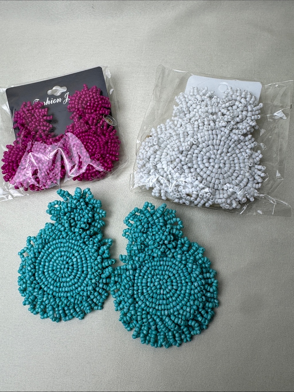Bundle of Statement Beaded Earrings - Teal, Raspberry, White